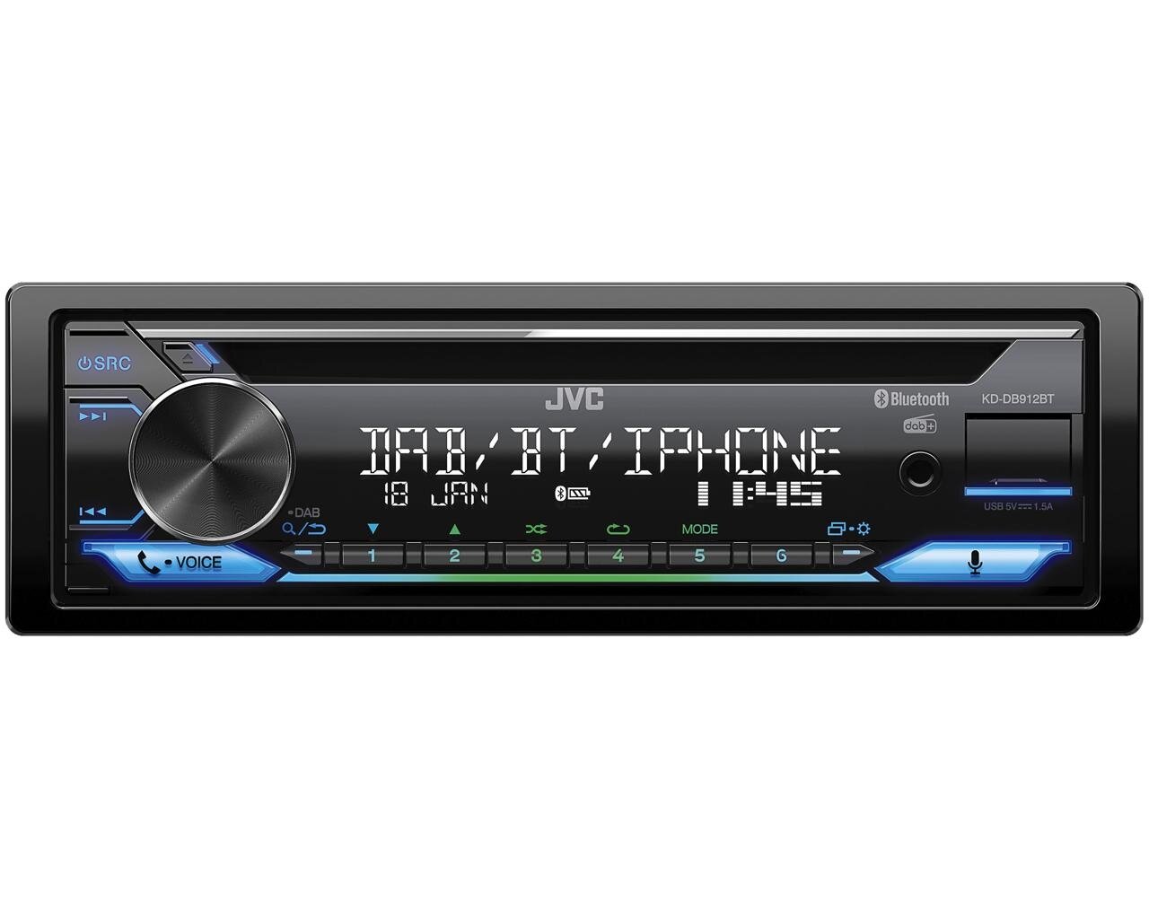JVC DAB+ / FM autorádio s CD/Bluetooth/USB/AUX/odním.panel/multicolor KD-DB912BT