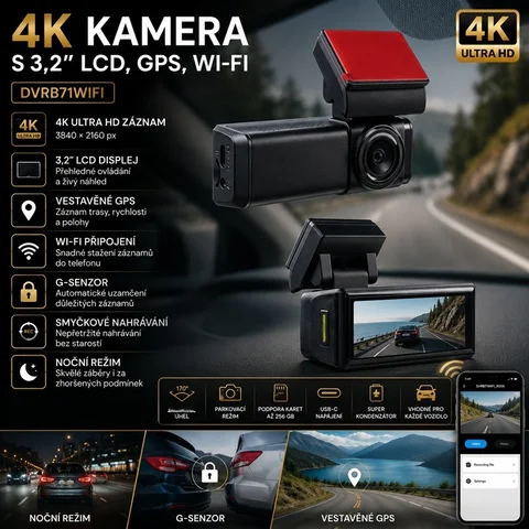 Autokamera s vysokým rozlišením, displejem, GPS a Wi‑Fi