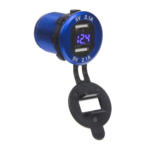 2x USB nabíječka s voltmetrem, hliníková do panelu, modrá 34565b