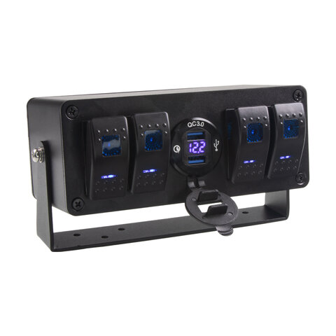 Panel s 4x spínači Rocker, voltmetr + 2x USB zásuvka, 12/24V 47176