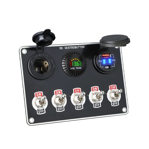 Panel s 5x spínači + 2x USB/Voltmetr a CL zásuvka, 12/24V 47180