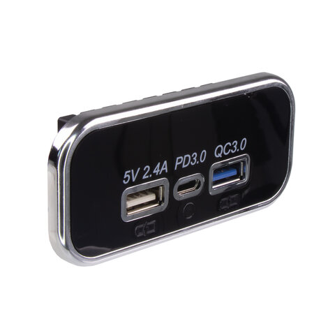 USB 2.4A + QC3.0 + USB-C PD zásuvka 12/24V, chromový rámeček 34678.3