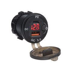 USB nabíječka QC3.0 + USB-C, digitální voltmetr, hliníková do panelu, 12/24V 34725R